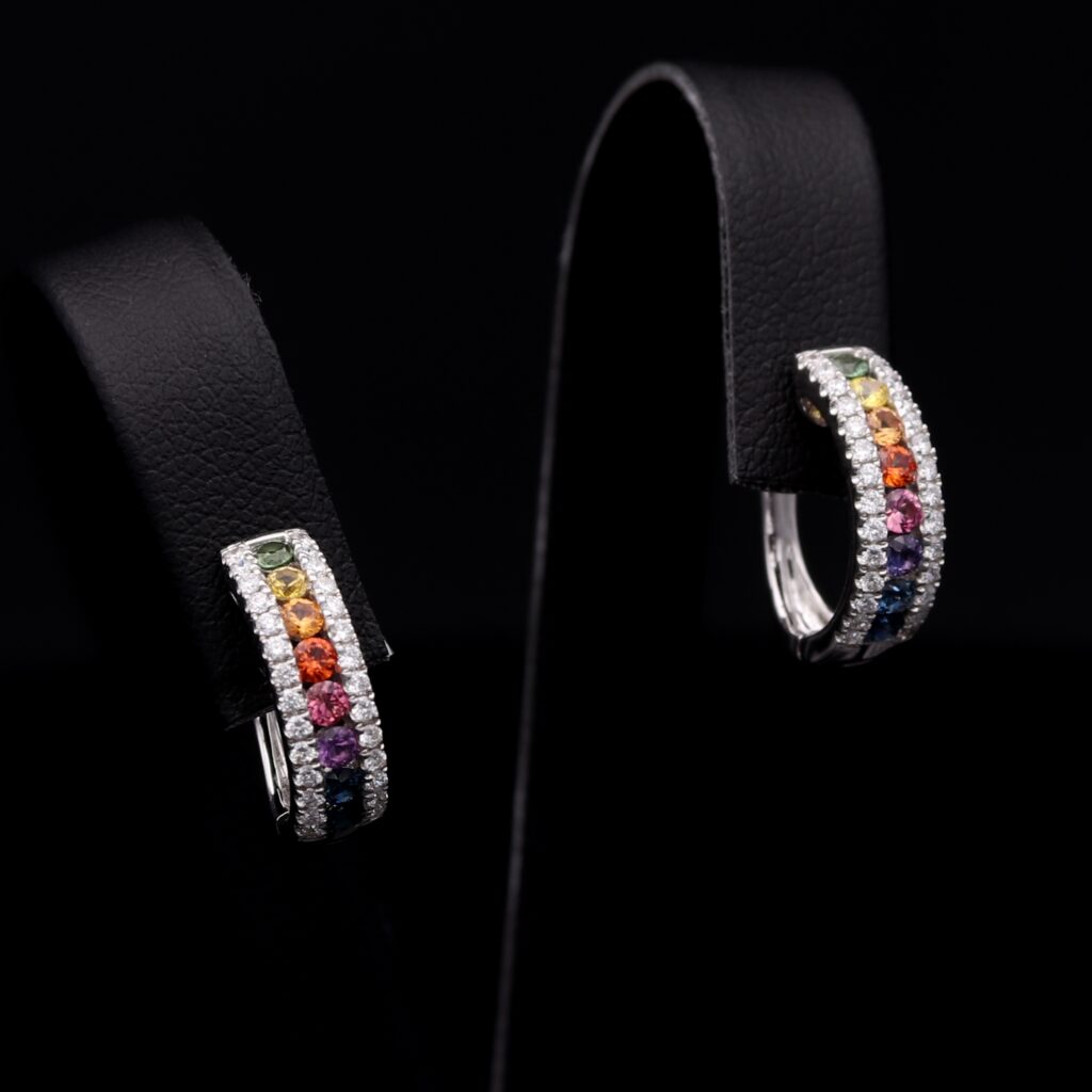 Little Rainbow Hoops Multi Color Sapphire Earrings with Diamonds in White Gold