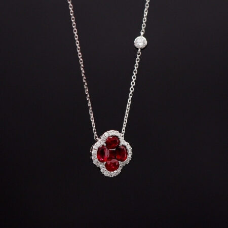 Lucky Red Ruby Diamond Shamrock Necklace White Gold